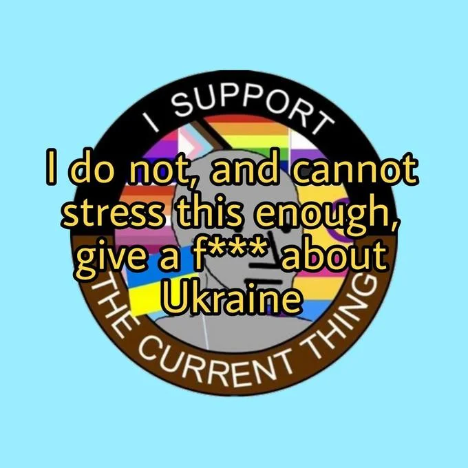 Black and white photograph with opposing circular seals reading 'I DON'T SUPPORT' and 'I SUPPORT THE CURRENT THING'.