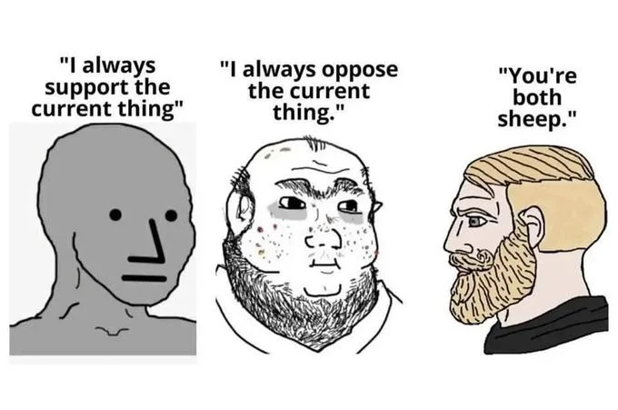 I Support The Current Thing — NPC Wojak with glasses in seal format featuring hostile commentary about geopolitical conflict.