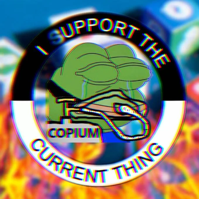 I Support The Current Thing — Pepe the Frog character in vaporwave-styled circular seal with text 'I SUPPORT THE COPIUM CURRENT THING'.