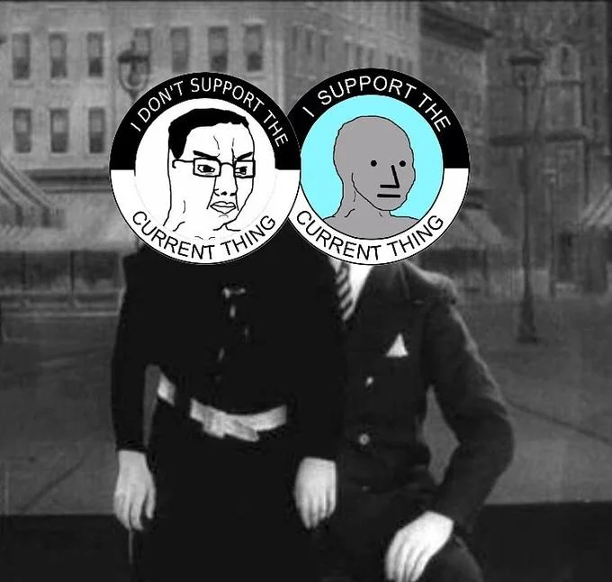 I Support The Current Thing — Three-panel comic-style layout with different Wojak variations discussing contrasting positions on conformity.