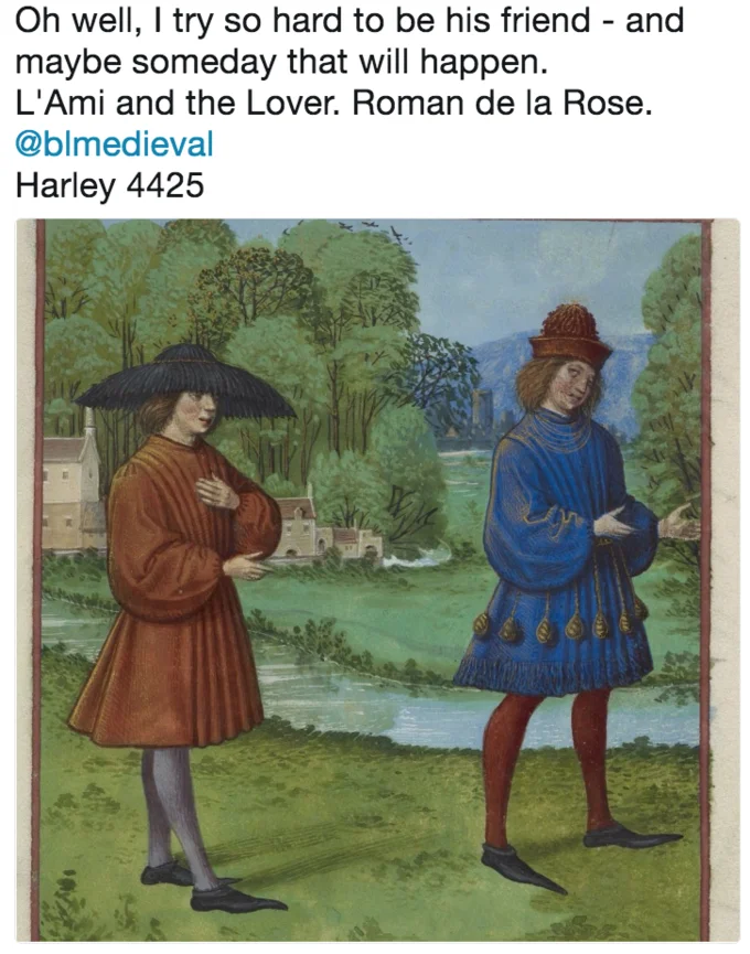 I Try So Hard to Be His Friend — Medieval illuminated illustration of two men labeled L'Ami and the Lover