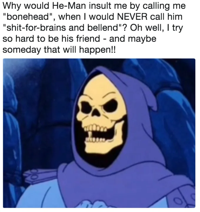 I Try So Hard to Be His Friend — Skeletor from He-Man cartoon with a parody caption about He-Man insulting him