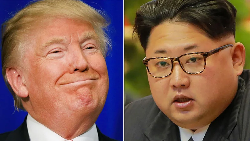 I Try So Hard to Be His Friend — Split image of Donald Trump smirking beside Kim Jong-un wearing dark glasses