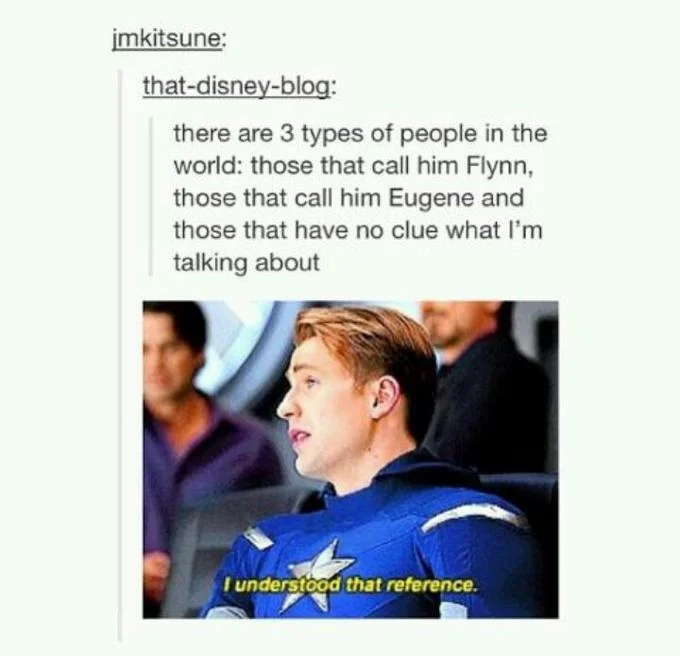 Tumblr post about Flynn Rider with Captain America I understood that reference image