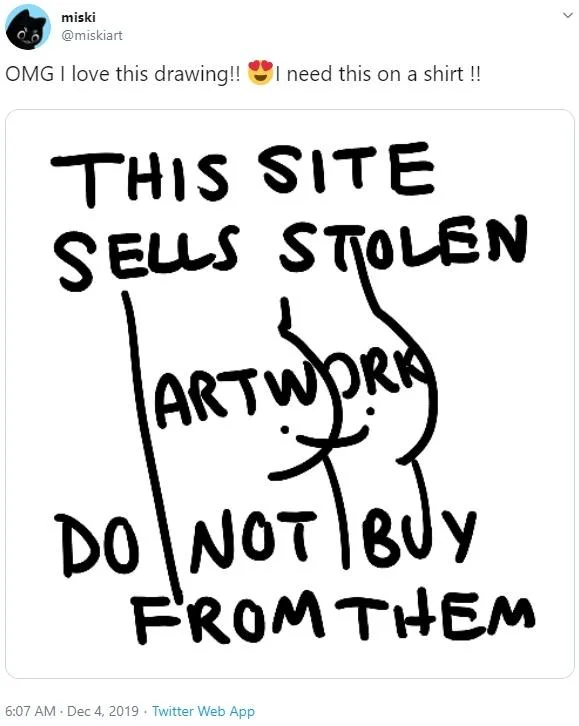 I Want This On A Shirt Bot Bait — Four screenshots of bootleg t-shirt sites listing shirts printed with the stolen-artwork warning bot-bait image