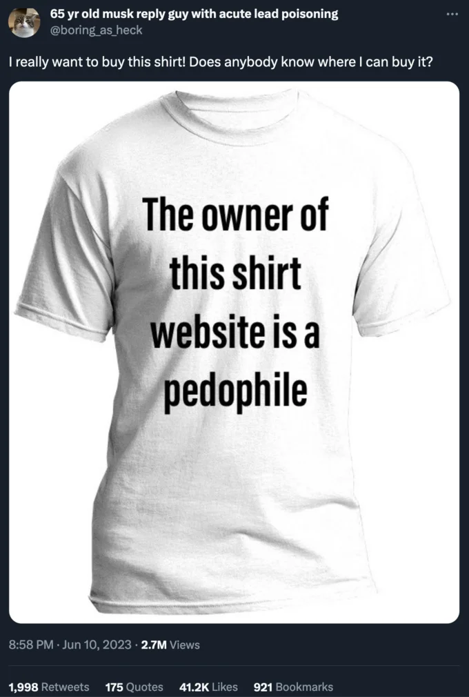 I Want This On A Shirt Bot Bait — Tweet asking where to buy a shirt reading 'BELIEVE WOMEN were killed by Patton Osawlt' worn by Patton Oswalt