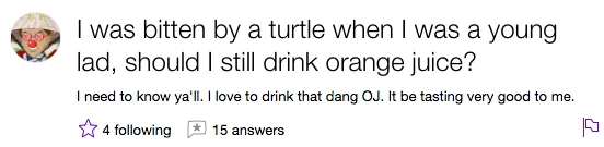 I Was Bitten By A Turtle When I Was A Young Lad — Screenshot of the original Yahoo! Answers question asking if being bitten by a turtle affects drinking orange