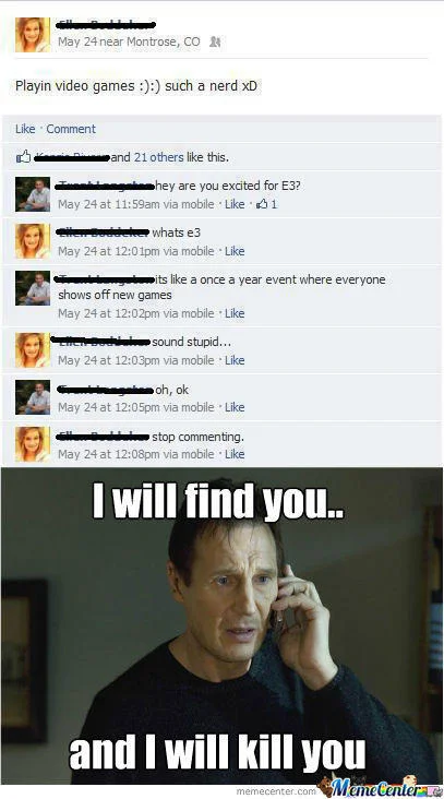 I Will Find You And I Will Kill You — Facebook comment thread ending with the Liam Neeson Taken I will find you meme