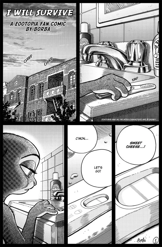 Comic title page reading 'I Will Survive – A Zootopia Fan Comic by Borba' with Judy Hopps taking a pregnancy test.