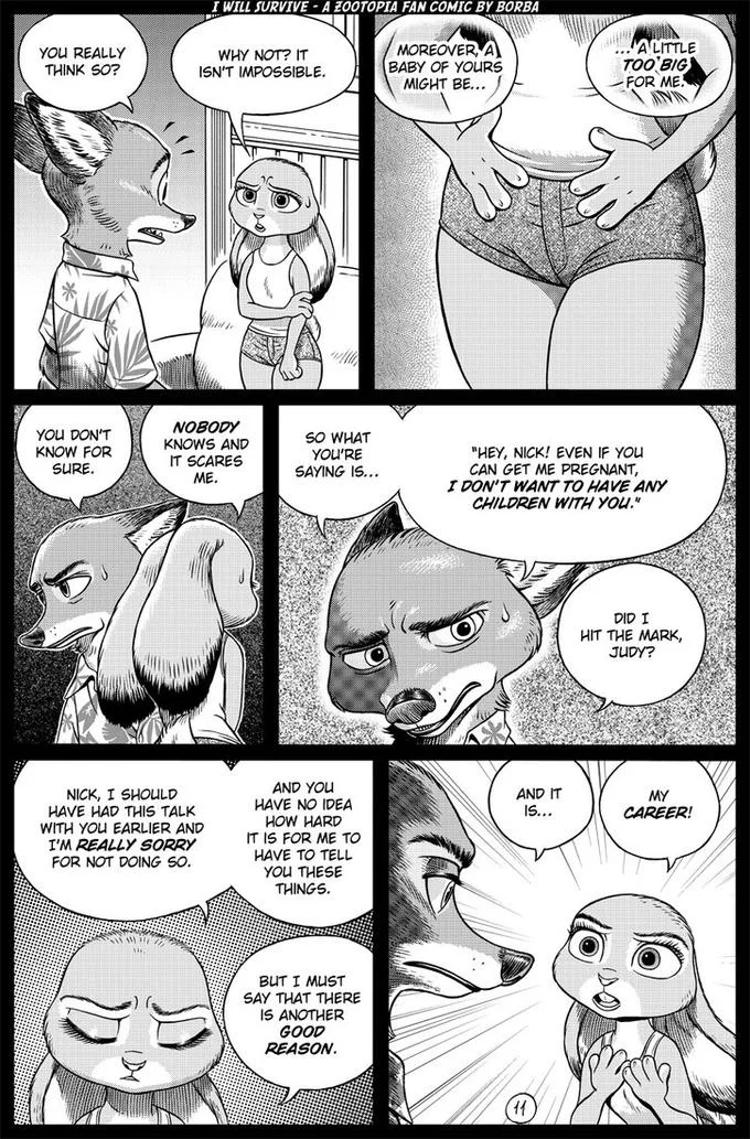 I Will Survive — Zootopia fan comic page with Judy explaining her reasons against having Nick's child.