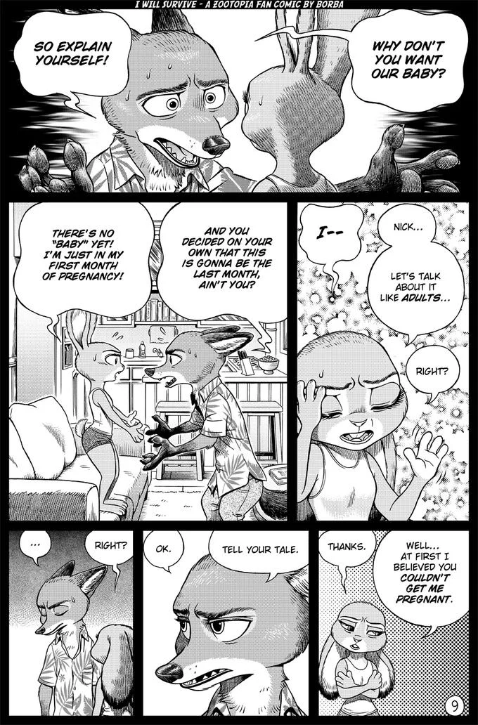 I Will Survive — Zootopia fan comic page with Nick and Judy arguing about the pregnancy.