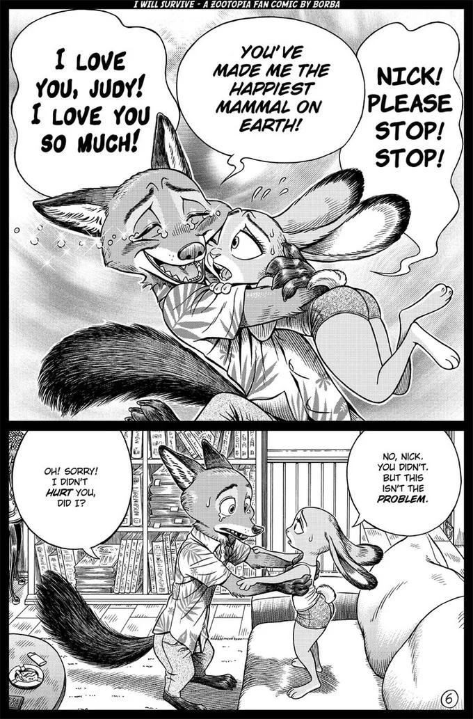 I Will Survive — Zootopia fan comic page with Nick hugging Judy and declaring his love before she pulls away.