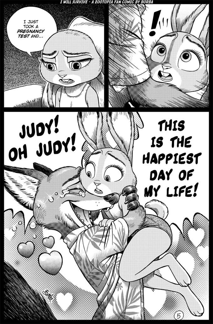 I Will Survive — Zootopia fan comic page with Judy revealing pregnancy and Nick joyfully hugging her.