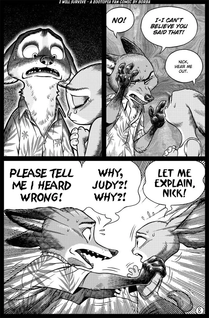 I Will Survive — Zootopia fan comic page with a shocked Nick demanding that Judy explain what she said.