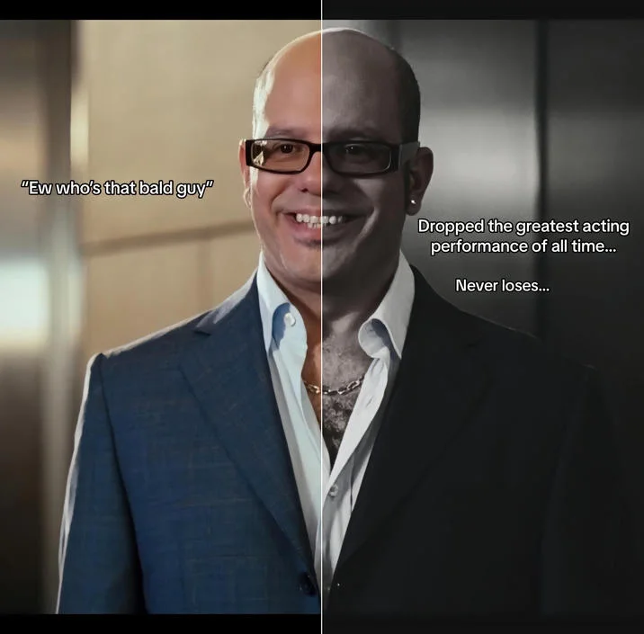 Split-image edit of Ian Hawke with Ew who's that bald guy and greatest acting performance captions