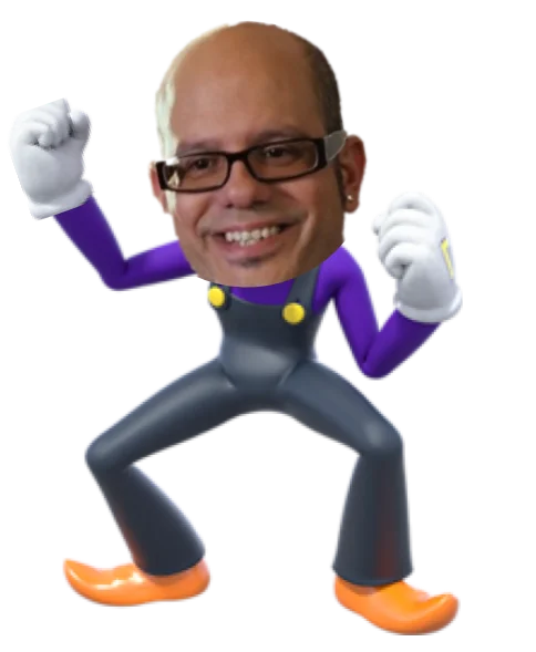 Ian Hawke's head edited onto Waluigi's body doing a victory pose