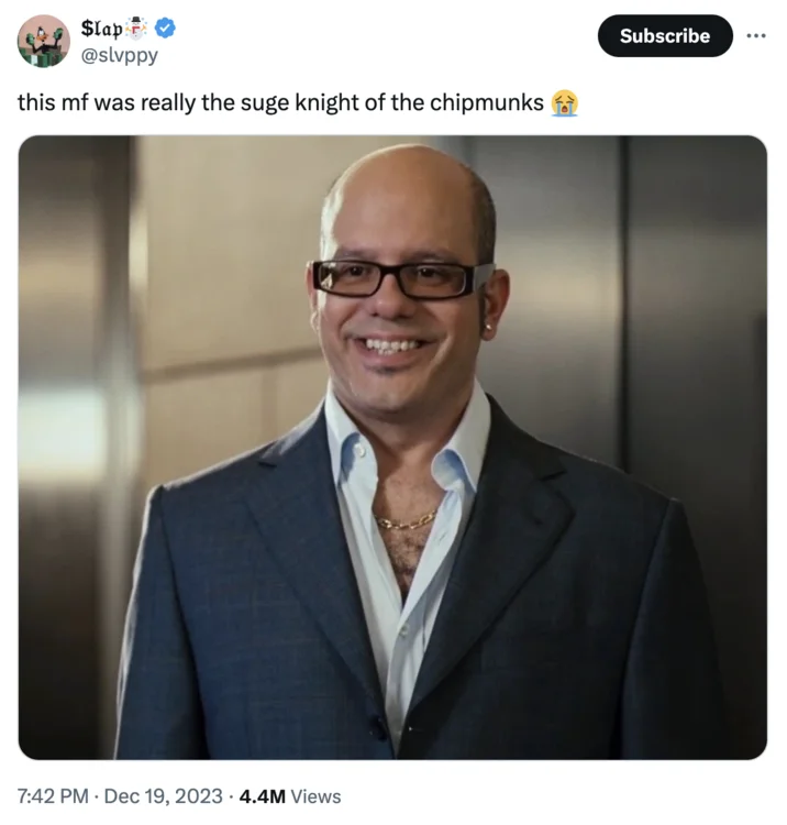 Screenshot of viral tweet calling Ian Hawke the Suge Knight of the chipmunks