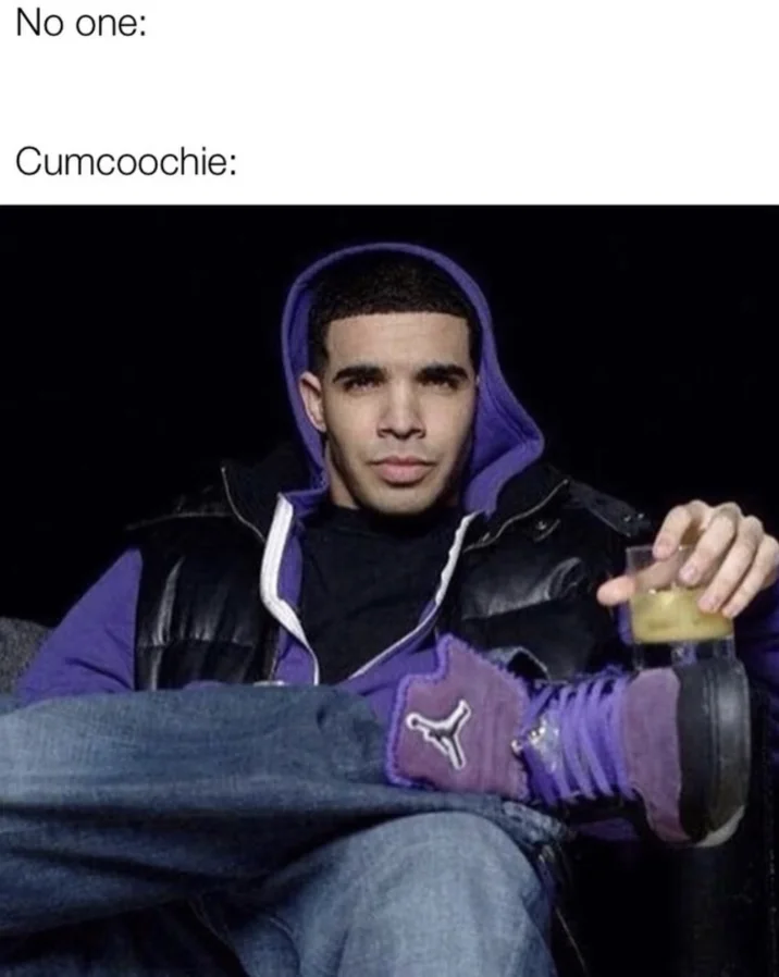 Ibo Eshak Ibohammad Eshakur — No one, cumcoochie meme with Drake sitting in purple hoodie holding a drink