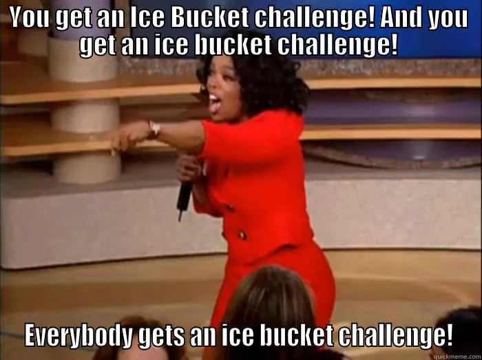 Ice Bucket Challenge — Meme parodying Oprah 'you get' format with person announcing everyone receives an ice bucket nomination.