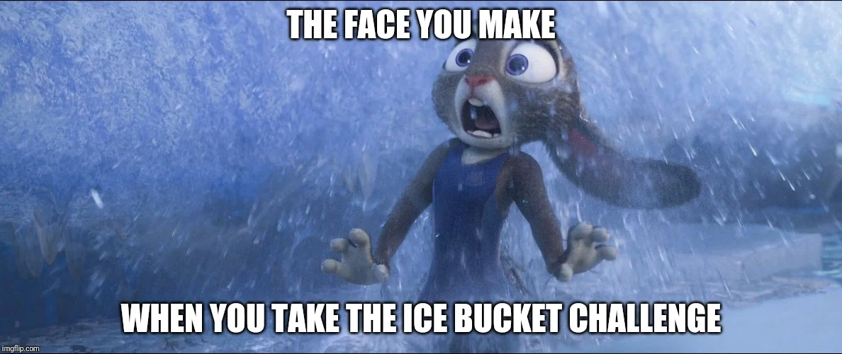 Animated character's shocked expression with text describing reaction to taking the ice bucket challenge.