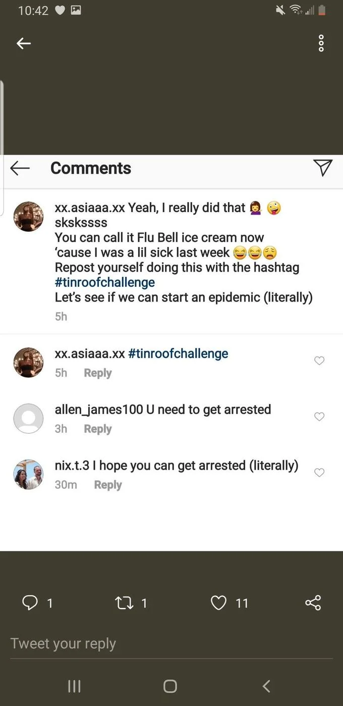 Ice Cream Challenge — Screenshot of Instagram comments section where user xx.asiaaa.xx boasts about licking Blue Bell ice cream with #tinroofchallenge hashtag.