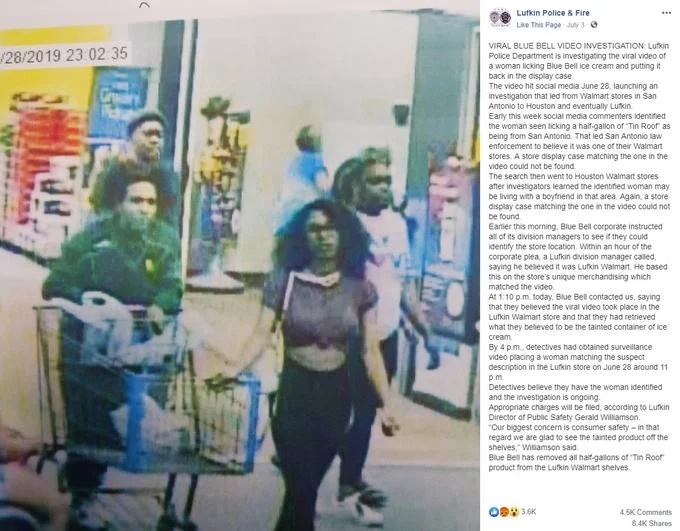 Ice Cream Challenge — Facebook post from Lufkin Police & Fire department dated July 3, 2019, detailing investigation into woman licking Blue Bell ice cream