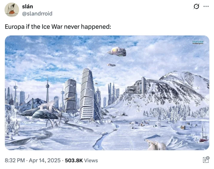 Ice War On Europa Warforever — Twitter post depicting 'Europa if the Ice War never happened' showing futuristic icy cityscape with architecture.