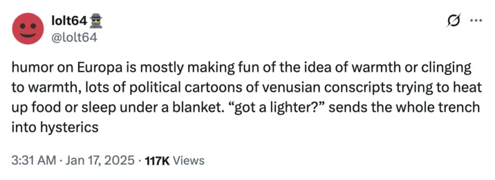 Ice War On Europa Warforever — Twitter post from @lolt64 explaining comedic themes including jokes about seeking warmth and cold-related humor.