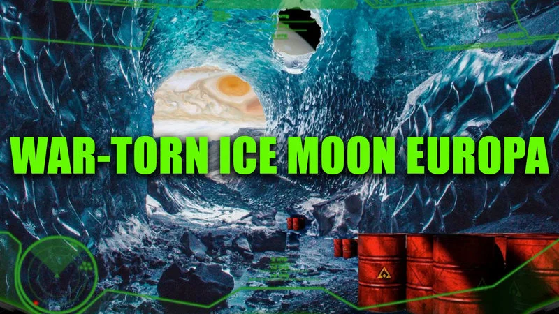 Ice War On Europa Warforever — Chaotic sci-fi landscape showing war-torn icy moon surface with military conflict and technological HUD overlay.