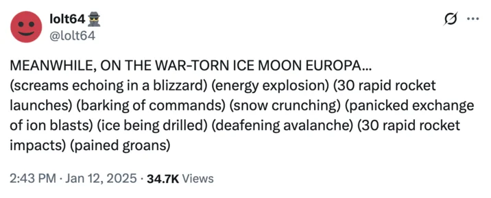 Ice War On Europa Warforever — Twitter post from @lolt64 depicting immersive roleplay describing warfare, rockets, screams, and combat on Europa.