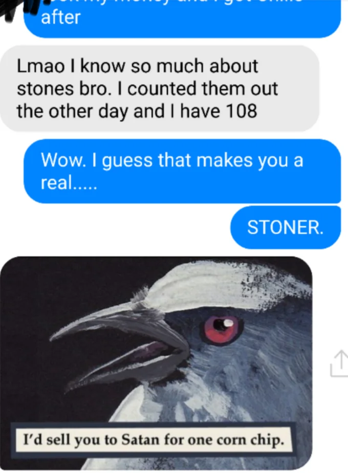 I'd Sell You To Satan For One Corn Chip — Text message pun about stones ending with STONER reply, followed by corn chip bird meme
