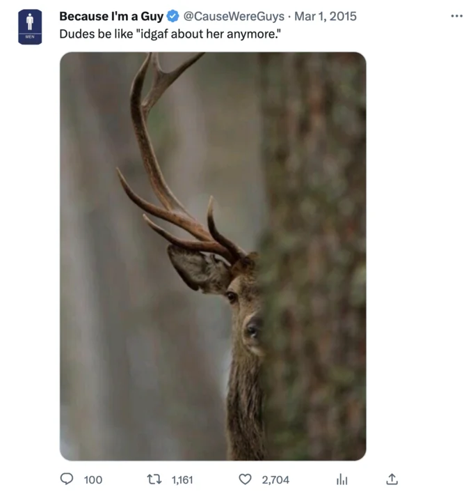 Tweet featuring nature photograph of deer with text joking 'idgaf about her anymore'.