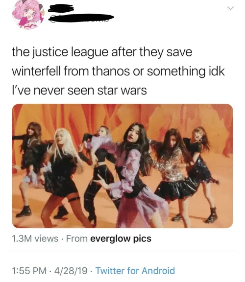 IDK I've Never — Twitter post showing hilarious wrong plot guess combining Justice League, Game of Thrones, Avengers, and Star Wars with K-pop group