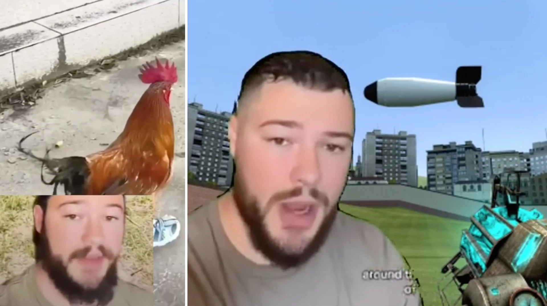 IdkSterling Yapping — Split-screen image of bearded TikToker IDKSterling speaking to camera alongside a rooster and video game footage showing a bomb over city
