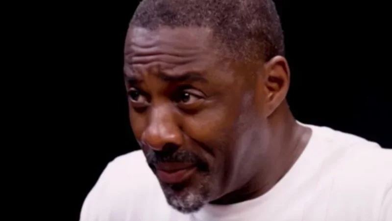 Idris Elba Choking On Hot Wings — Idris Elba's strained and visibly uncomfortable facial expression during Hot Ones episode while dealing with spicy chicken