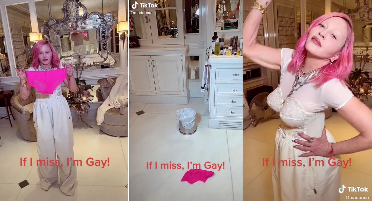 If I Miss Im Gay — Three-panel TikTok collage of Madonna with pink hair tossing pink underwear into a trash can, captioned 'If I miss, I'm Gay!'