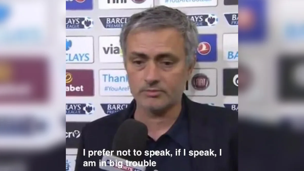 If I Speak I Am In Big Trouble — José Mourinho at a press conference with subtitle reading 'I prefer not to speak, if I speak, I am in big trouble'