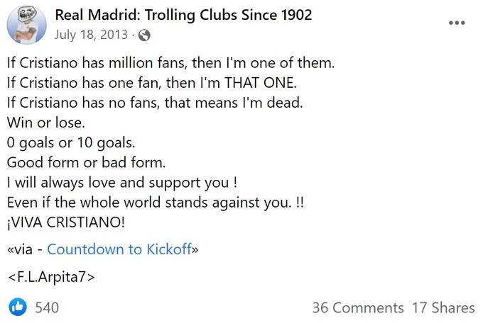 If X Has a Million Fans, I'm One of Them — Facebook post from 'Real Madrid: Trolling Clubs Since 1902' containing the Cristiano Ronaldo version of the million