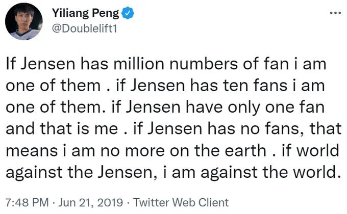 If X Has a Million Fans, I'm One of Them — Tweet by Doublelift (Yiliang Peng) containing the 'million fans' copypasta rewritten about Jensen.