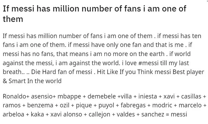 If X Has a Million Fans, I'm One of Them — Text post with the 'If messi has million number of fans' copypasta followed by a list of players equated to Messi.