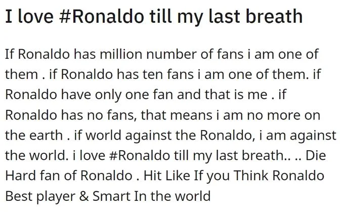 If X Has a Million Fans, I'm One of Them — Text block titled 'I love #Ronaldo till my last breath' with the million fans copypasta about Ronaldo.