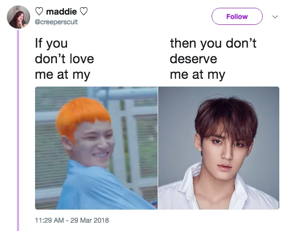 If You Cant Handle Me At My Worst — Tweet using two-panel format comparing casual and polished looks of a K-pop idol with 'if you don't love me at my / then
