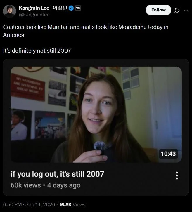 If You Log Out, It's Still 2007 — X reply comparing modern American Costcos to Mumbai and malls to Mogadishu, arguing it's definitely not still 2007.