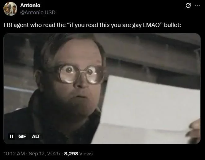 If You Read This You Are Gay Lmao — Social media screenshot showing shocked man with glasses captioned as FBI agent who read the inscription.