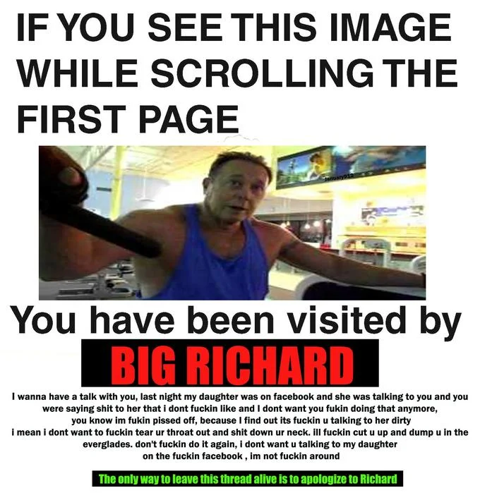 Big Richard variant of the 'if you see this image while scrolling' meme with threatening gym photo caption