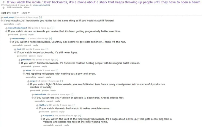If You Watch X Backwards, It's About Y — Reddit thread with users listing backwards-movie jokes for Jaws, Fight Club, Rambo and others