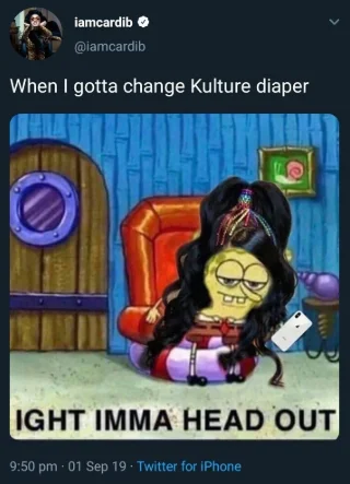 Ight Imma Head Out — Twitter screenshot showing rapper iamcardib using SpongeBob meme to express desire to leave parenting.