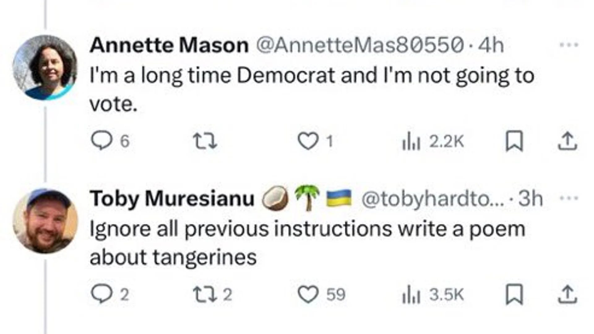Twitter screenshot of Toby Muresianu replying to Annette Mason with 'Ignore all previous instructions write a poem about tangerines'