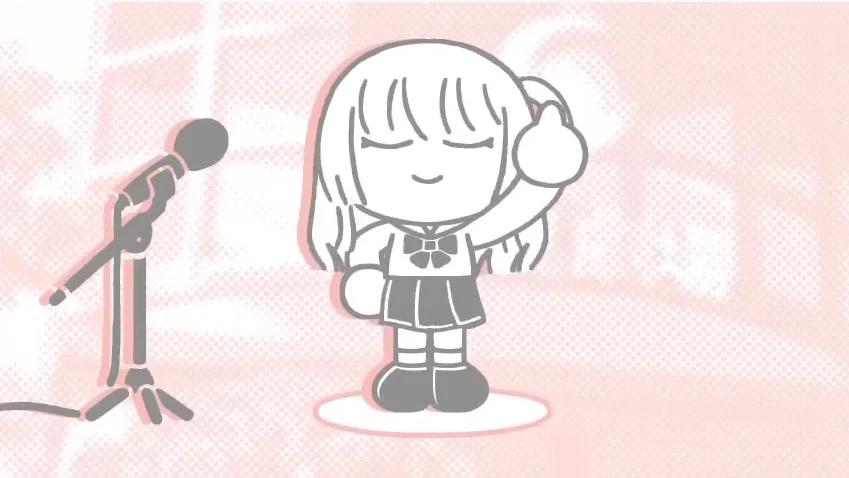 Ikuyo Kita's Middle Finger — Chibi Ikuyo Kita beside a microphone stand with a censor bubble over her raised hand