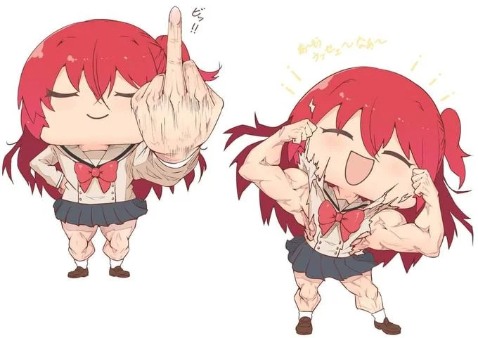 Ikuyo Kita's Middle Finger — Chibi Ikuyo Kita with muscular arms raising a middle finger and flexing